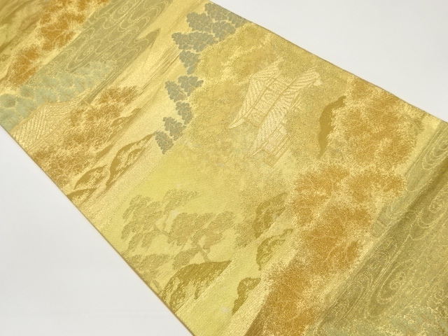 寺院に樹木・観世水模様織出し袋帯